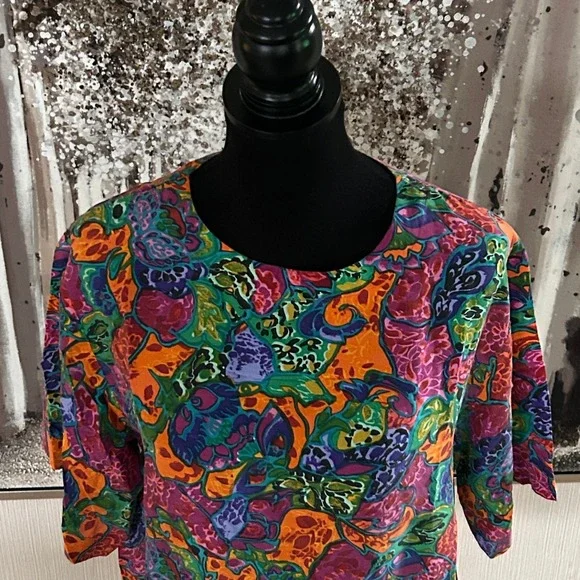 Marguerite LI Womens Multicolor 100% Silk Short Sleeve Crew Neck Blouse - Large - Picture 2 of 7